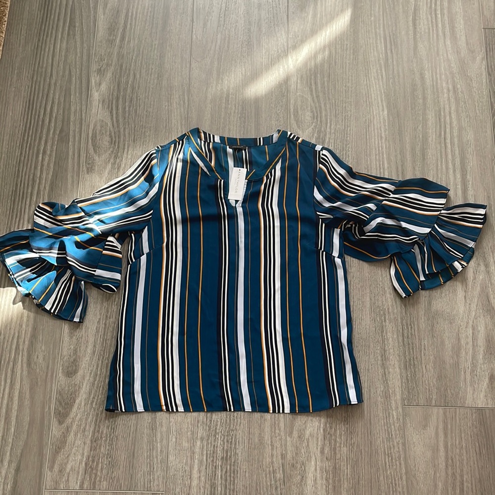 Ann Taylor Long-Sleeve Teal Blouse with Stripes
